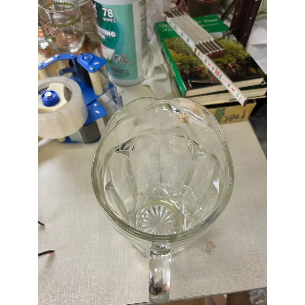Vintage Clear Pressed Glass Pitcher Paneled Starburst Base Heavy Juice Water Jug
